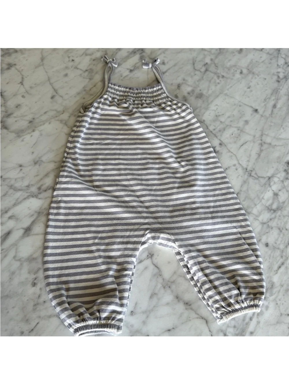 Quincy Mae Gray and White Striped Baby One-Piece Romper